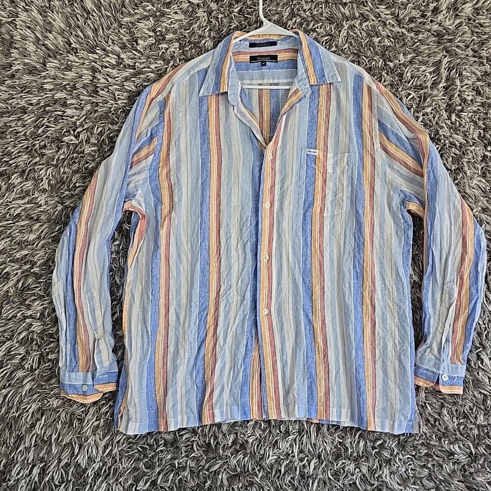 Faconnable Mens XL 100% Linen Long Sleeve Button Up Shirt Blue Orange Striped